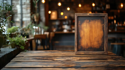 Empty wooden menu board with vintage texture on rustic wooden table in cozy coffee shop interior with warm lighting and potted plants. Rustic design concept. Copy space. Banner. Mock up