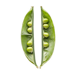 Split open pea pod with green peas isolated on transparent white background