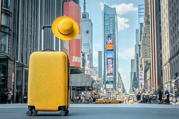 Yellow Luggage and Hat on City Street, under the vibrant hues of a sunny day, symbolizing travel excitement and new experiences.