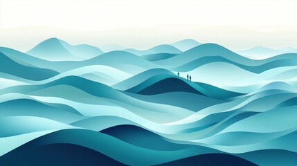 Fototapeta premium Hikers Mountain Range Blue Landscape Illustration.