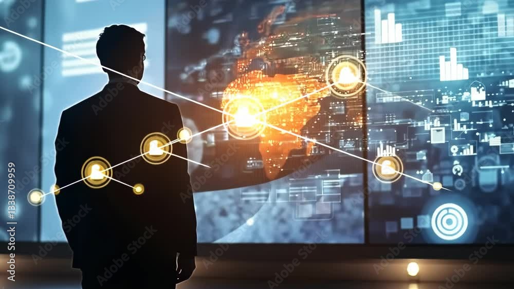 Poster a silhouette of a business professional stands before a high-tech digital display, interacting with 