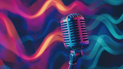 Photo of a microphone with sound waves in the background, representing podcasting and audio recording for a radio studio on a dark blue gradient background.