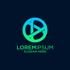 Abstract Play Button Logo Design: Green Blue Gradient Pixel Circle Icon