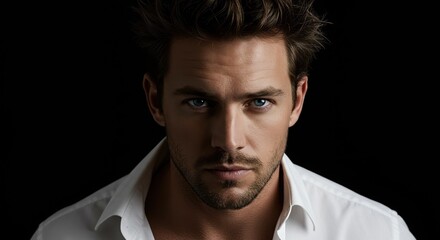 Obraz premium Portrait of a Man with Intense Stare in White Shirt Against Black Background.