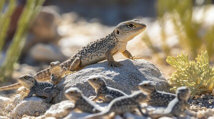 Lizard and young lizards on a rock.