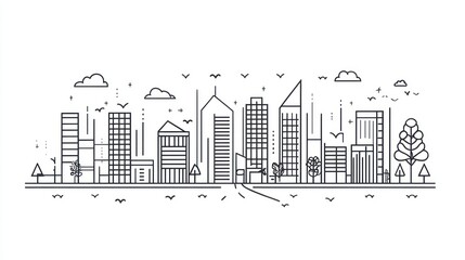 Obraz premium Linear city skyline illustration with birds