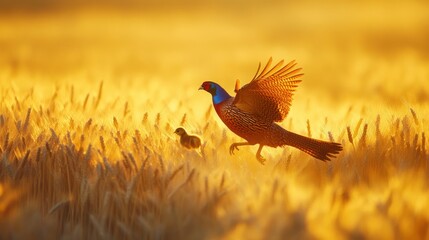 Pheasant taking flight in golden wheat field with chick.