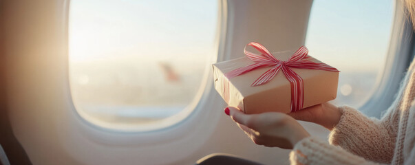 passenger joyfully holds beautifully wrapped gift with ribbon while sitting by airplane window, capturing moment of excitement and anticipation during travel