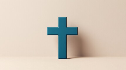 Obraz premium Simple and Modern Blue Cross Standing on a Minimalist Beige Background for Religious Themes and Spiritual Concepts in Contemporary Design