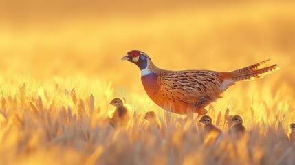 Pheasant hen with chicks in a golden wheat field at sunrise.