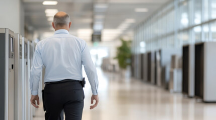 man walks through modern office corridor, showcasing professional environment with lockers and bright lighting. scene conveys sense of purpose and focus