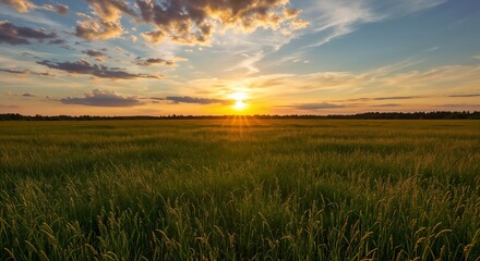 Fototapeta premium Sunset Tall Grass Field Peaceful Serene Landscape