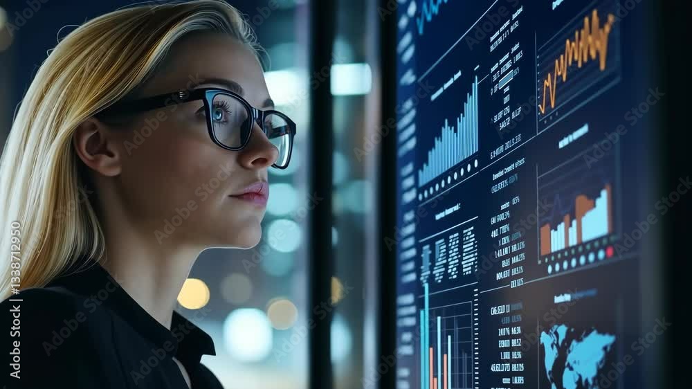 Poster a skilled business professional analyzes complex data on a highresolution monitor, highlighting the 