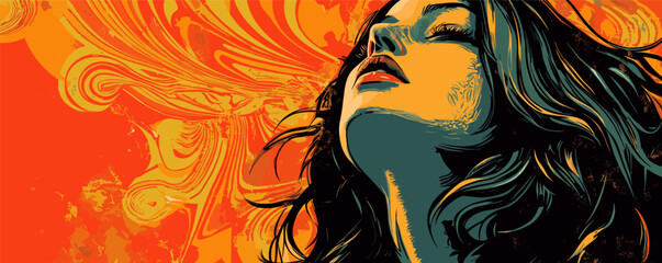 Colorful abstract artwork of a woman's face with flowing hair against vibrant orange background.