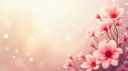 Fototapeta premium A bright and colorful floral display decorates the right edge of a serene light background with a dreamy bokeh effect.