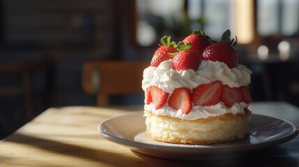 a beautifully layered strawberry shortcake with fresh whipped cream and juicy strawberries, sitting on a rustic wooden table with soft sunlight streaming in. 