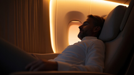 relaxed passenger reclining in luxurious first class seat, enjoying peaceful moment during flight. warm lighting creates serene atmosphere, enhancing comfort of experience