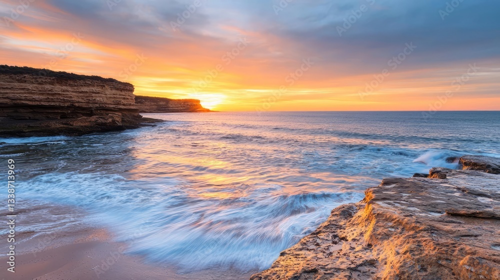 Poster beach waves landscapes idea. scenic coastal sunset with waves crashing against rocky cliffs creating