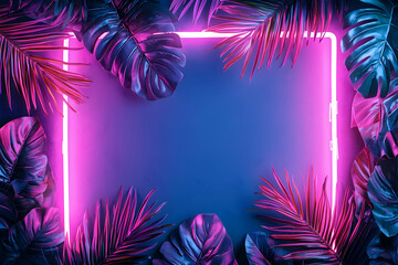 Tropical Neon Night Background, adorned with vibrant neon lights and tropical leaves, offering a modern, urban atmosphere.