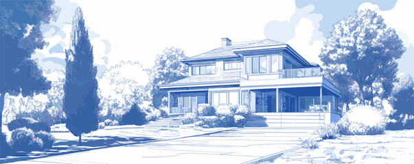 Fototapeta premium Elegant two-story house with vast garden and driveway in idyllic suburban setting.