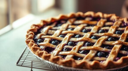 a vibrant blueberry pie with a perfectly woven lattice crust, juices bubbling at the edges, sitting on a cooling rack near a window with soft sunlight streaming in. 