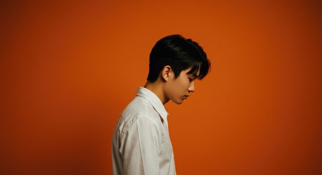 Profile of a young man in a white shirt against an orange background, capturing a moment of contemplation.