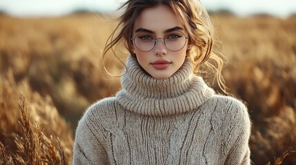 Young woman in cozy sweater poses amidst golden fields during autumn afternoon