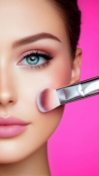 Makeup application techniques for flawless skin with bright pink backdrop. Ideal for Social Media, Stories, Advertising