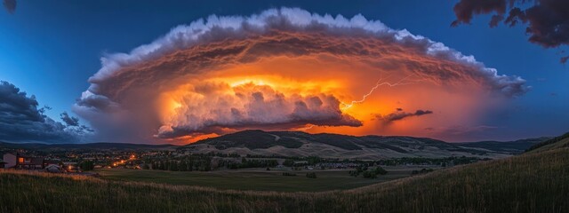 Dramatic display of lightning and thunderstorms illuminating the night sky over a serene countryside landscape