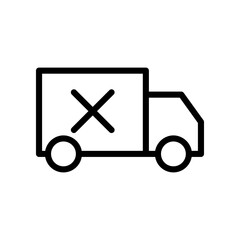 A minimalistic black and white icon depicting a delivery truck with a cross indicating cancellation.