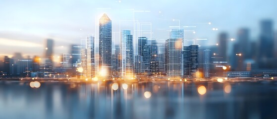 Illuminated Skyline of a Modern Metropolis with a Team of Real Estate Professionals Analyzing Interactive 3D Property Data and Growth Insights in an Augmented Reality Environment