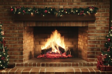 Cozy brick fireplace with wooden beams and holiday decorations creating a warm atmosphere Generative AI