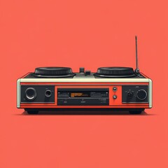Fototapeta premium Detailed portrait of a vintage dual-turntable radio with distinct orange and cream accents beautifully displayed on a bold red background