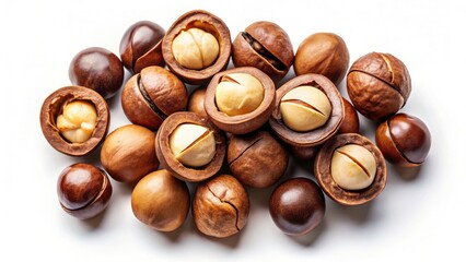 Obraz premium Aerial View: Macadamia Nuts - Shell, Broken, Peeled, Top Down Drone Shot