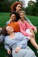 Fototapeta premium Fashionable group of friends enjoying a spring day in the park with vibrant colors and style