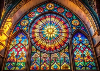 Obraz premium Vibrant Stained Glass Window Sunlight Backdrop - Colorful Gothic Arch Wallpaper
