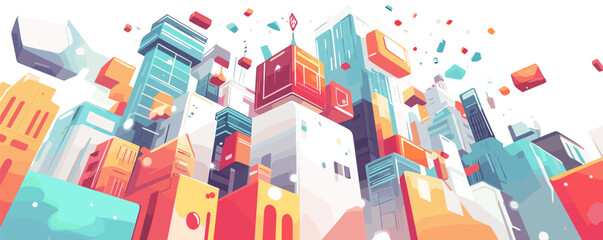 Colorful abstract cityscape with floating geometric shapes and futuristic architecture.