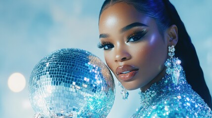 Celestial Beauty: A captivating portrait of a young woman, enveloped in a shimmering, glittering gown, gracefully holding a disco ball that reflects a soft, ethereal glow. Capturing her beauty, poise.