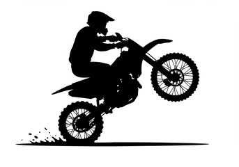 Fototapeta premium Silhouette, motocross rider, dirt bike, off-road motorcycle, action pose, wheelie, dynamic motion, black and white, high contrast, graphic design style