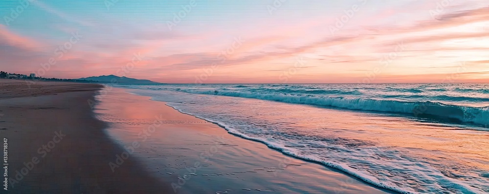 Aufkleber beach waves landscapes idea. a serene beach at sunset with waves gently lapping the shore and colorf