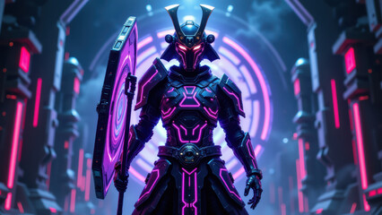 Cybersecurity figure in futuristic armor holding a shield against cyber threats.