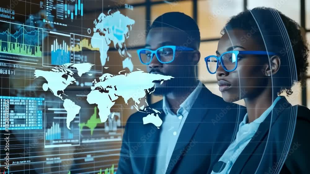 Poster In a modern workspace, two skilled professionals focus on creating and analyzing complex data visualizations, showcasing advanced technology that offers valuable insights in todays datadriven world