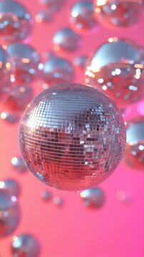 Colorful disco balls float elegantly against a vibrant pink background creating a lively atmosphere suitable for dance events and celebrations. Ideal for Social Media, Stories