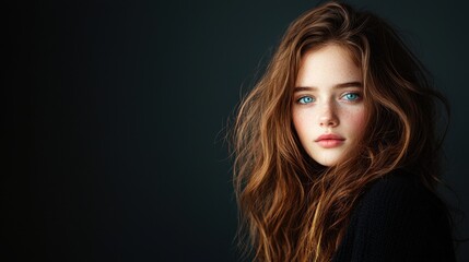 Fototapeta premium Young Woman with Wavy Brown Hair and Stunning Blue Eyes Posing Against a Dark Background, Capturing Natural Beauty and Serenity in Portrait Photography