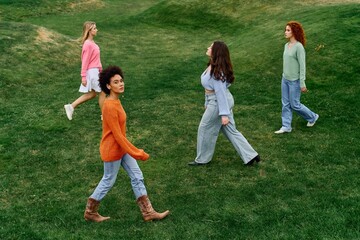 Confident women explore a vibrant park in stylish spring attire during a sunny day