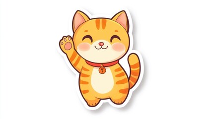Obraz premium Cute cartoon cat waving, sticker style, cheerful expression