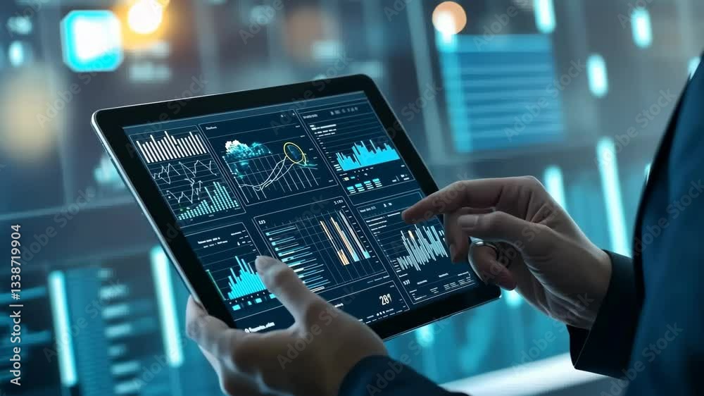 Poster A skilled professional uses a digital tablet displaying business analytics with engaging graphs and data visualizations in a hightech environment for effective analysis and strategic decisionmaking