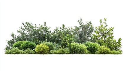 Lush green foliage arrangement with diverse plant species on a clean white backdrop ideal for landscape design and natural element compositions