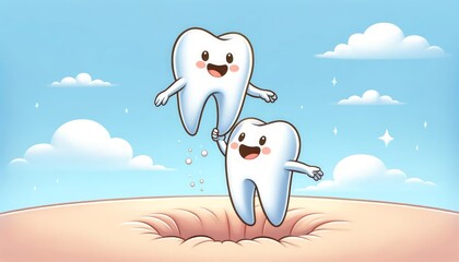 Fototapeta premium Cheerful cartoon teeth celebrating together against a bright blue sky, perfect for dental care promotions, children's health education, and dental hygiene materials.