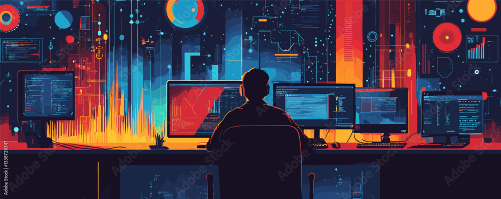 Poster silhouette of person programming in futuristic tech room with digital interfaces.